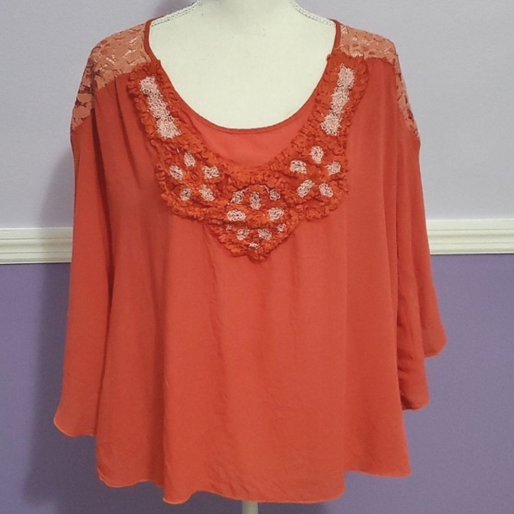 Orange Boho Romantic Crochet & Lace Bat Sleeves Flowy Top L